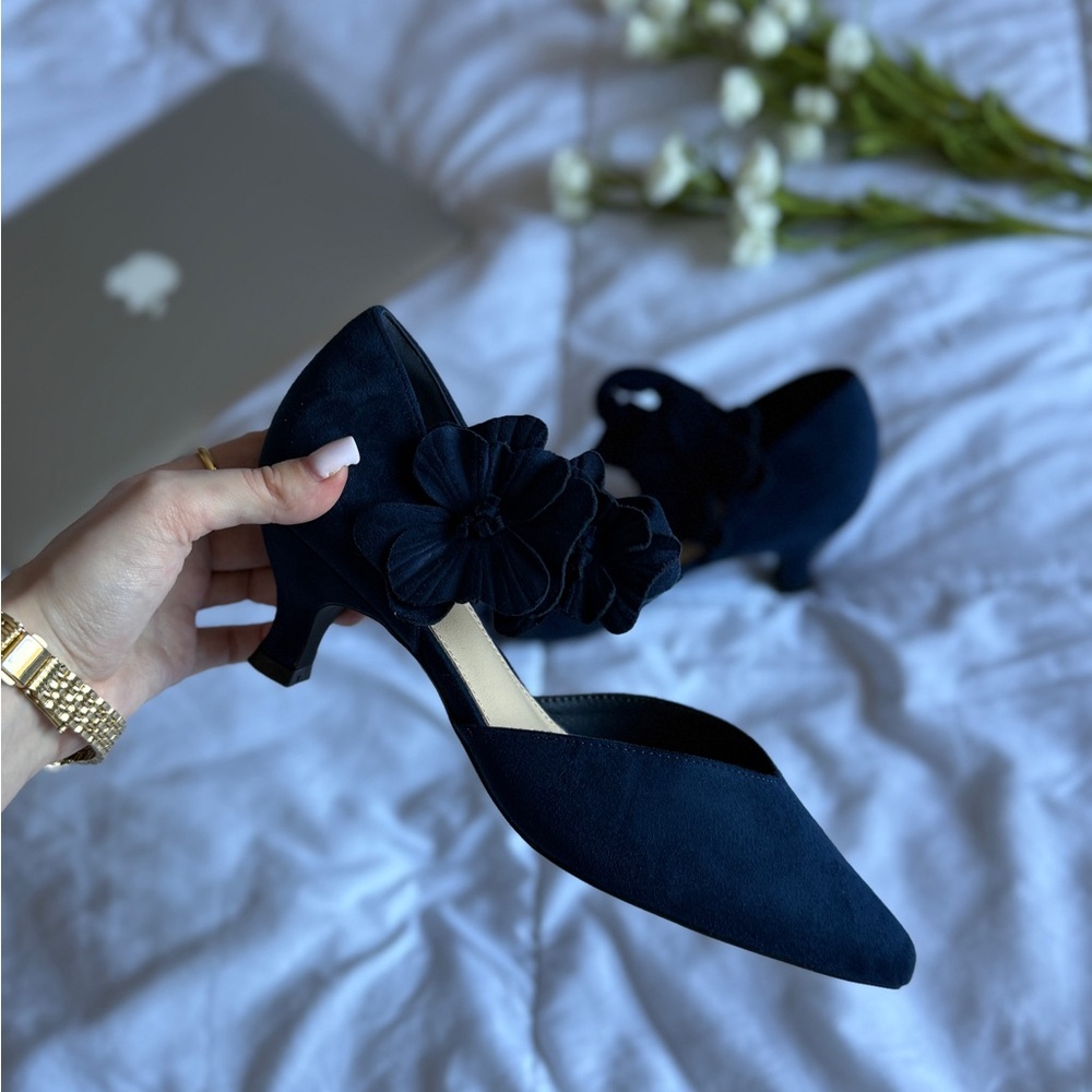 Elegant Navy Blue Floral Accent Women’s Heels